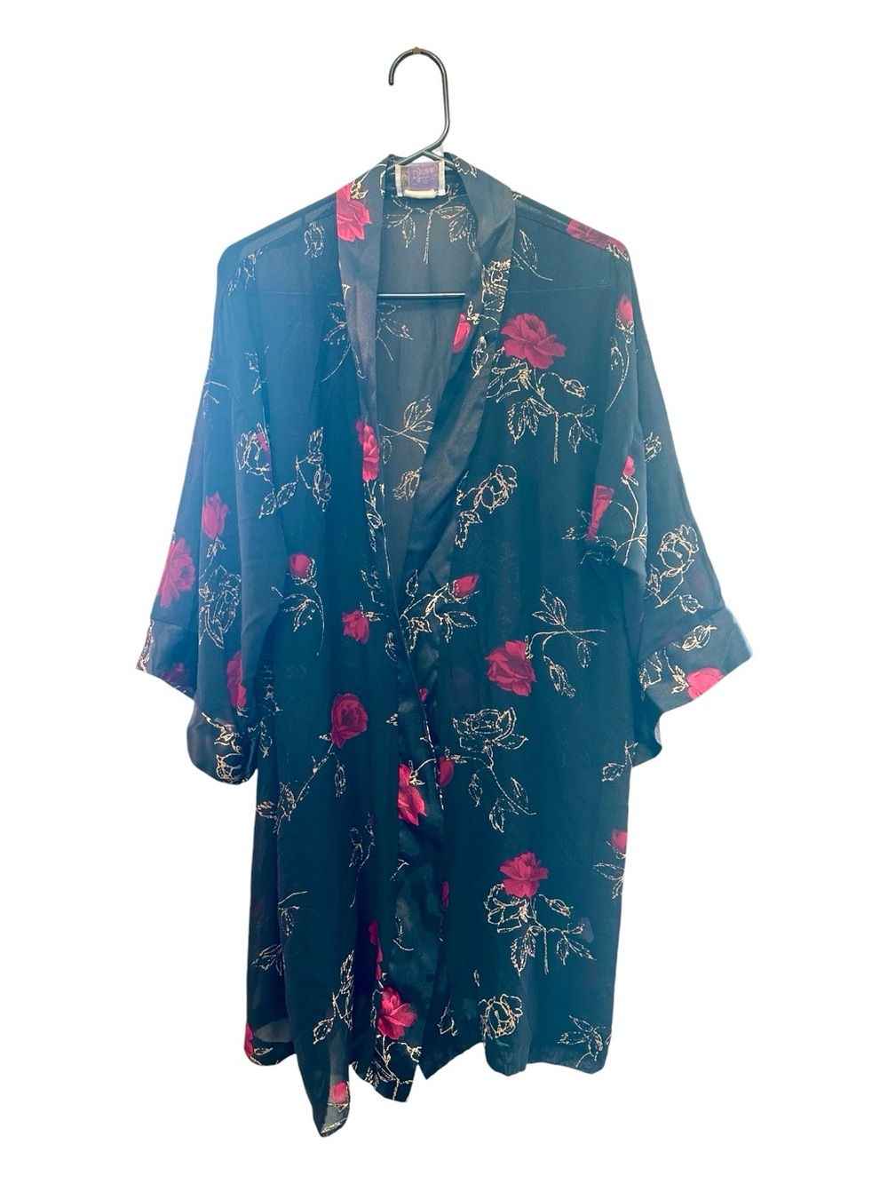 Vintage 90’s California Dynasty Black Satin Floral Kimono Robe with Roses OS